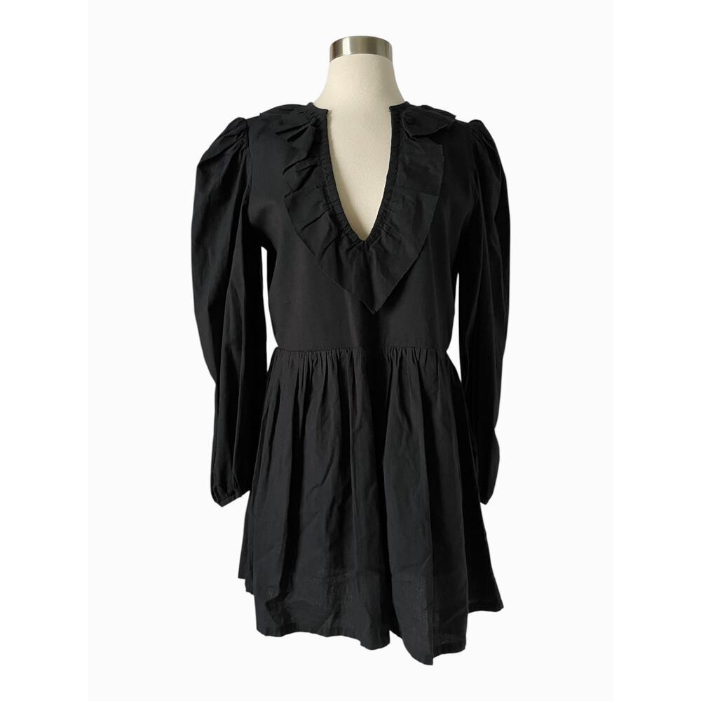 Alix of Bohemia Stefanie Mini Dress Black Cotton Ruffle Puff Sleeve L - Picture 4 of 13